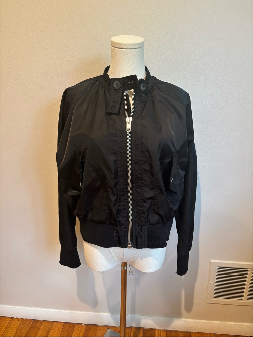 Free People Black Women's satin Bomber Jacket - Lightweight Zip-Front small